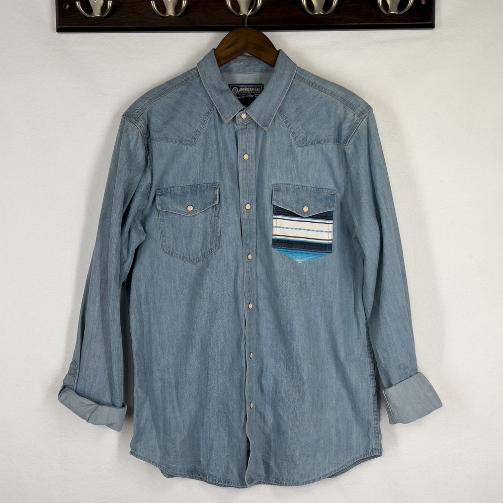 American Rag Boyfriend Western Denim Aztec Pocket Button Down Size Medium